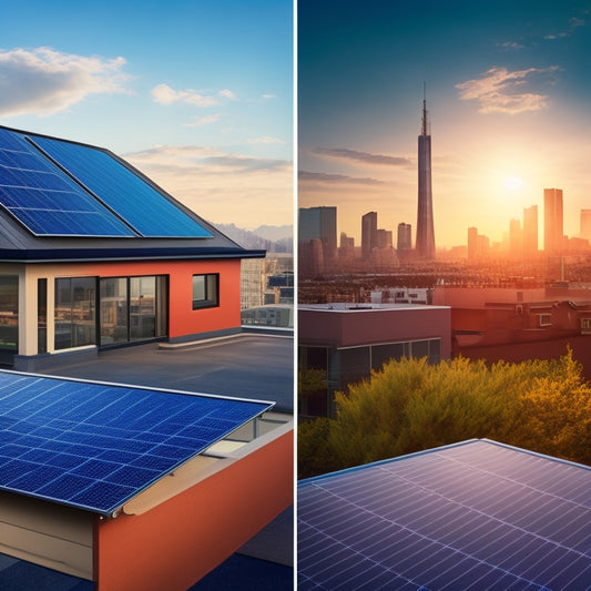 A split-screen illustration showing a rooftop with a traditional shingle roof on one side and a sleek, modern solar panel system on the other, with a subtle cityscape in the background.