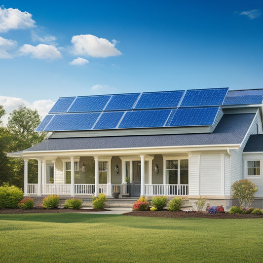 An illustration of a suburban home with a partially installed solar roof system, showcasing various components like panels, inverters, and mounting hardware, amidst a backdrop of blue sky and fluffy white clouds.