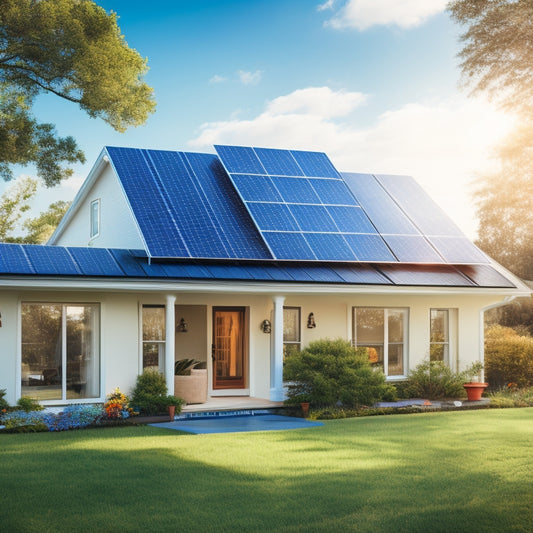 A serene suburban home with solar panels installed on the roof, surrounded by lush greenery, with a bright blue sky and fluffy white clouds, and a subtle sunbeam highlighting the panels.