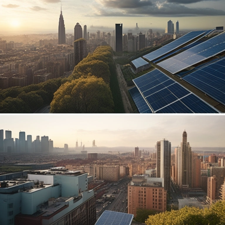 A split-screen image featuring a cityscape with a grey, polluted atmosphere on one side, and a bright, green, thriving metropolis on the other, with solar panels installed on rooftops.