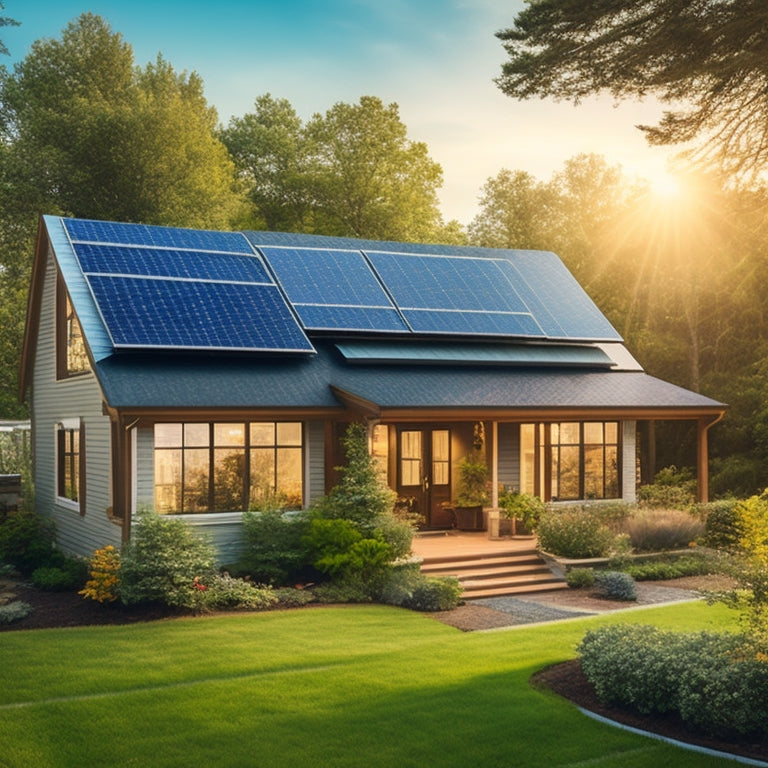 A serene suburban home with a mix of old and new solar panels on the roof, surrounded by lush greenery, with a few solar panels tilted at an angle to maximize energy absorption.