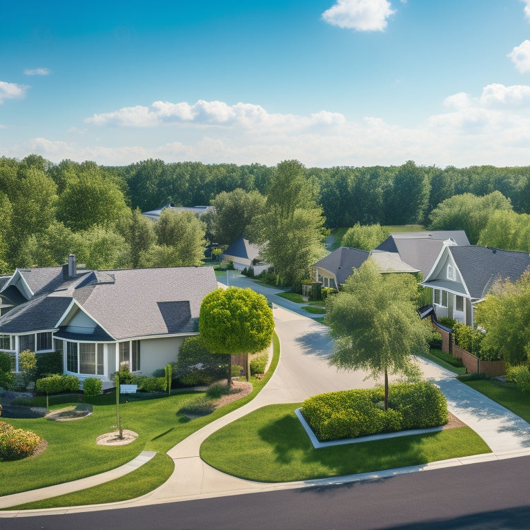 A serene suburban neighborhood with a few houses, each with a rooftop covered in sleek, black solar panels, surrounded by lush green trees and a bright blue sky with a few puffy white clouds.