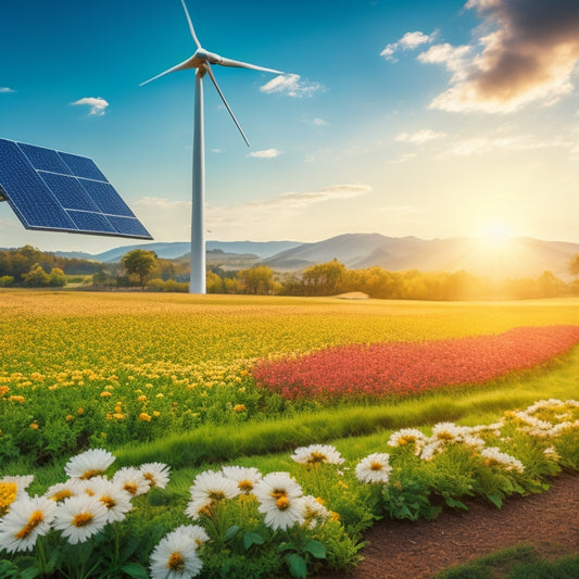 A serene landscape featuring solar panels glistening under the sun, wind turbines gracefully spinning on a hill, and a lush green garden with vibrant flowers, symbolizing harmony between technology and nature.