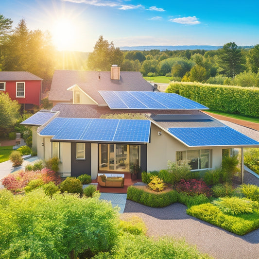 A sun-drenched rooftop adorned with sleek solar panels, surrounded by vibrant greenery, emitting a sense of harmony. A radiant sun casts soft shadows, highlighting a serene suburban landscape with energy-efficient homes.