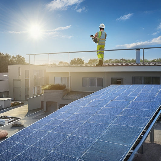 An illustration of a residential rooftop with a partially installed solar panel system, showcasing a worker in a hard hat and harness, surrounded by tools and materials, with a ladder leading up to the roof.