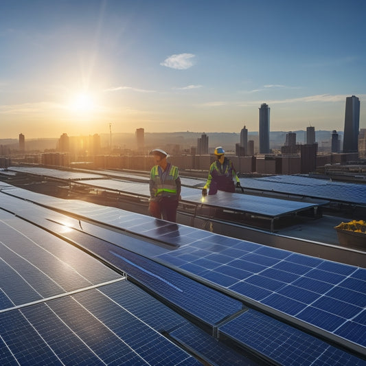 A commercial rooftop covered with sleek solar panels, the sun shining brightly overhead, surrounded by a city skyline, with workers in safety gear installing additional panels and checking equipment.