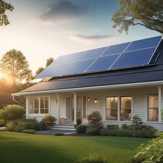 A serene suburban home with solar panels installed on the roof, surrounded by lush greenery, with a subtle sunshine effect and a faint grid of energy lines in the background.