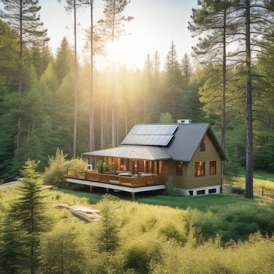 A serene vacation home nestled in a lush forest, with solar panels gleaming on the roof, surrounded by vibrant wildflowers and tall pine trees, under a clear blue sky with soft, fluffy clouds.