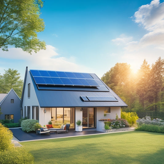 A serene suburban home with sleek black solar panels seamlessly integrated into the roof, surrounded by lush greenery and a bright blue sky with a few wispy clouds.