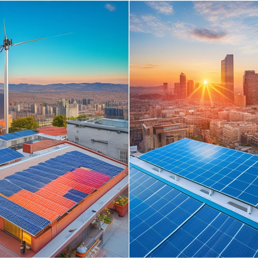 A split-screen image featuring a rooftop with installed solar panels on one side and a cityscape with various building types on the other, with 7 subtle, colorful arrows connecting the two scenes.