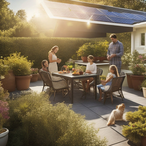 A sun-drenched rooftop adorned with sleek solar panels, casting shadows on a well-manicured garden below. In the background, a happy family enjoys a barbecue, with dollar signs subtly integrated into the sunlight.