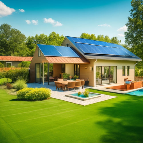 A sunny backyard with a modern house, solar panels installed on the roof, and a few panels laid out on the grass, with a subtle hint of a calculator and a wallet in the corner.