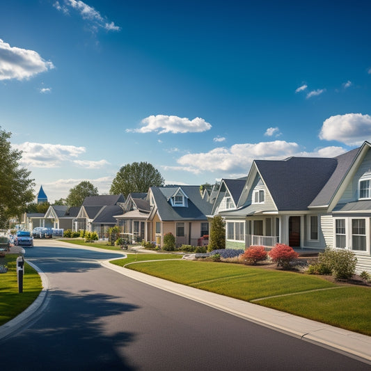 A serene suburban street with 5-7 houses, each with distinct roof styles, showcasing various solar panel installations, with a bright blue sky and fluffy white clouds in the background.