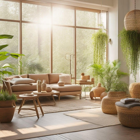 A sunlit room featuring bamboo furniture, recycled glass decor, potted plants, and natural light streaming through large windows, showcasing sustainable materials and a cozy, inviting atmosphere of eco-friendly living.