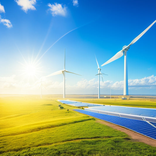 A futuristic, sunny landscape with towering solar panels, wind turbines, and a sleek, curved horizon, set against a vibrant blue sky with wispy, white clouds.