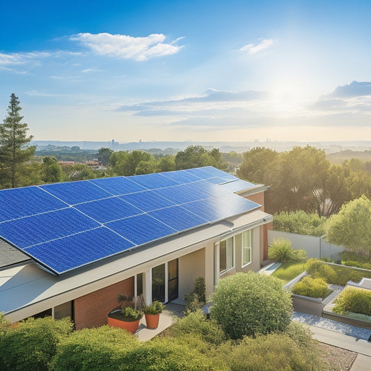 A vibrant rooftop scene featuring sleek, modern solar panels glistening under the sun, surrounded by lush greenery, with a clear blue sky and a suburban neighborhood in the background, showcasing eco-friendly energy solutions.