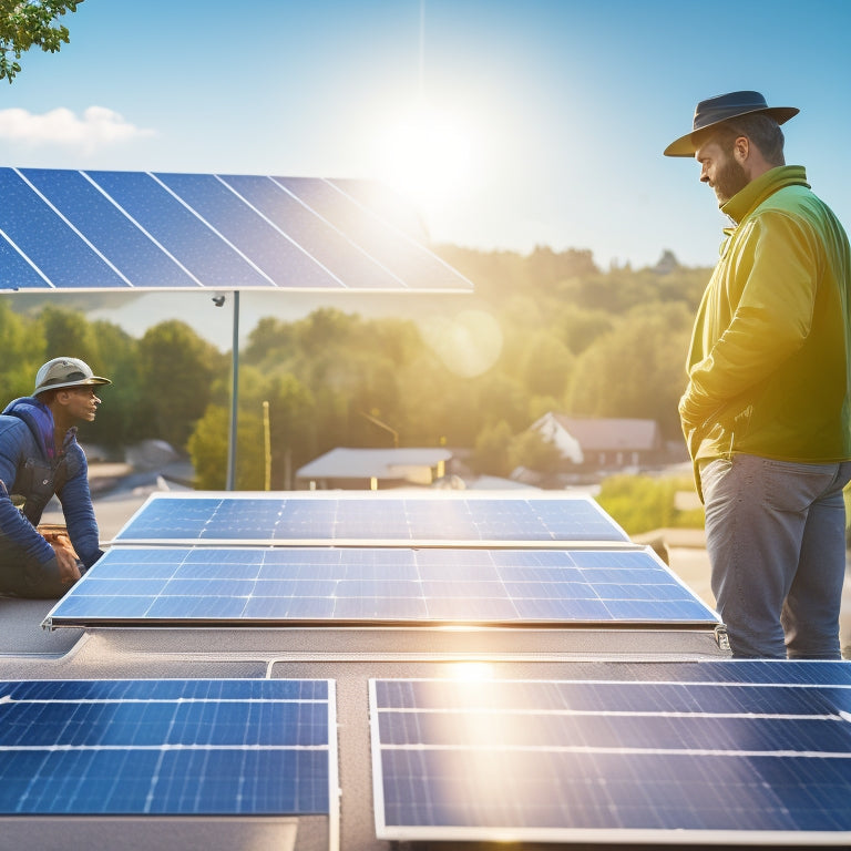 A vibrant scene of a small business owner inspecting solar panels on their roof, sunlight glinting off the panels, surrounded by greenery, a bustling community in the background, symbolizing sustainability and innovation.