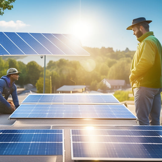 A vibrant scene of a small business owner inspecting solar panels on their roof, sunlight glinting off the panels, surrounded by greenery, a bustling community in the background, symbolizing sustainability and innovation.