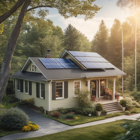 A serene suburban home with solar panels installed on its roof, surrounded by lush greenery, with a subtle sun shining down, and a measuring tape and toolbox lying nearby, amidst a scattering of leaves.