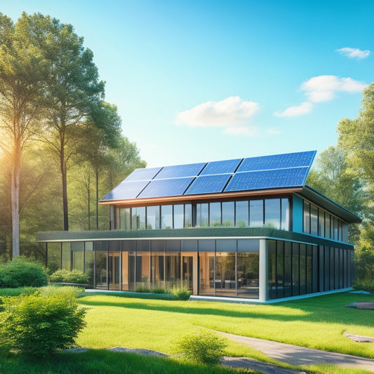 A modern office building with sleek solar panels on the roof, surrounded by lush greenery. Sunlight glints off the panels, while energy-efficient windows reflect a clear blue sky, showcasing a sustainable workspace.