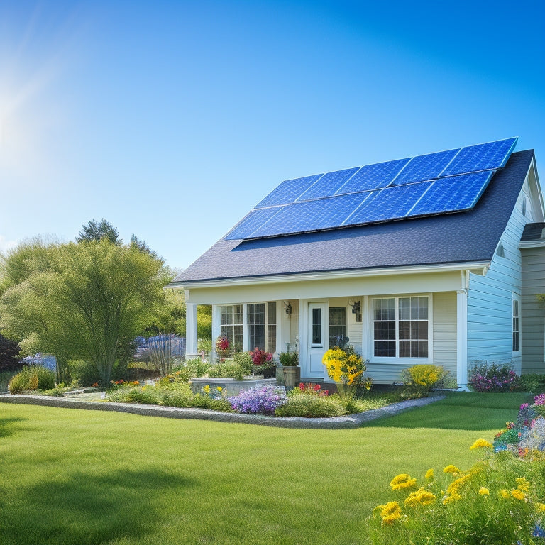 A serene suburban home with solar panels installed on the roof, a ladder leaning against the side, and a toolbox open on the lawn, surrounded by blooming flowers and a bright blue sky.