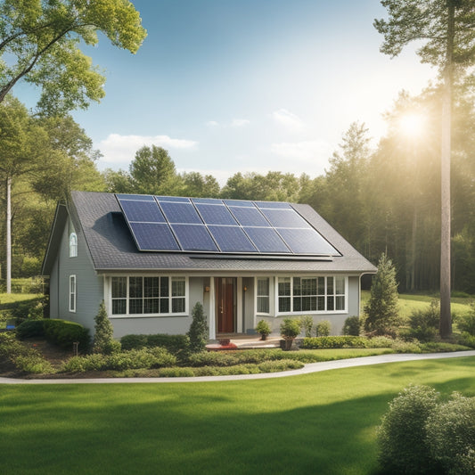 A serene suburban home with a sleek, black solar panel array installed on the roof, surrounded by lush green trees and a bright blue sky with a few wispy clouds.