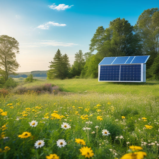 A serene landscape with solar panels under a bright sun, featuring a sleek, modern solar battery storage unit amidst lush greenery, surrounded by vibrant wildflowers and a clear blue sky, symbolizing sustainable energy.