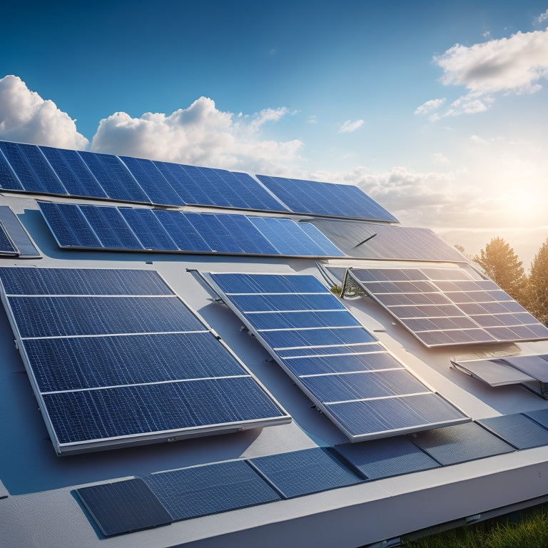 An illustration of various solar panel sizes, ranging from compact 250-watt modules to larger 400-watt panels, arranged on a residential rooftop with a subtle gradient of blue sky and fluffy white clouds.