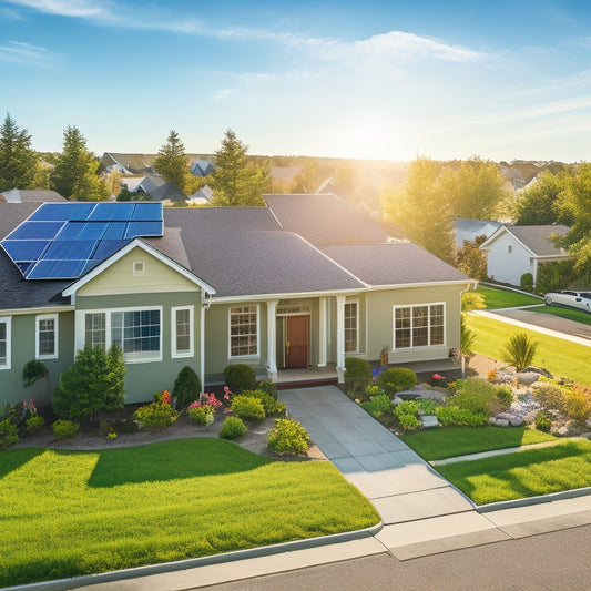 A serene suburban neighborhood with various homes, each featuring a unique solar panel installation, showcasing different sizes, angles, and roof types, set against a bright blue sky with fluffy white clouds.