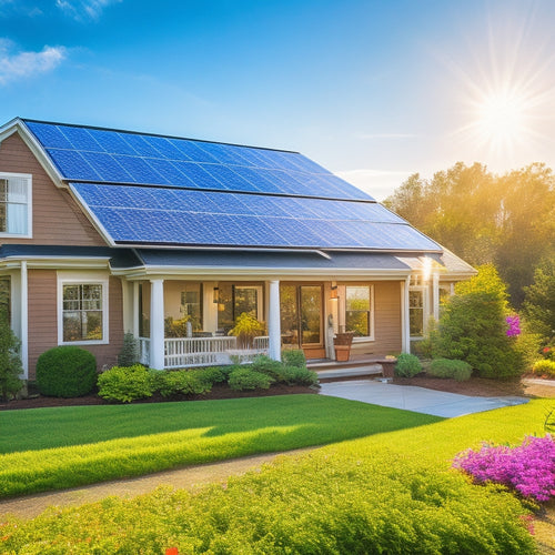 A sunlit suburban home with solar panels gleaming on the roof, surrounded by lush greenery, a vibrant garden, and a clear blue sky, showcasing energy efficiency and sustainable living.