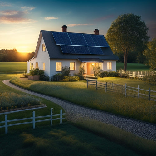 A serene rural landscape featuring a modest farmhouse with solar panels on the roof, surrounded by green fields and a clear blue sky, with solar-powered garden lights illuminating a pathway.