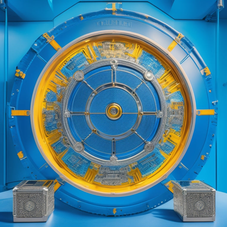 A bright blue background with a large, glossy, silver solar panel at its center, surrounded by various types of connectors and cables in different colors, arranged in a circular pattern.