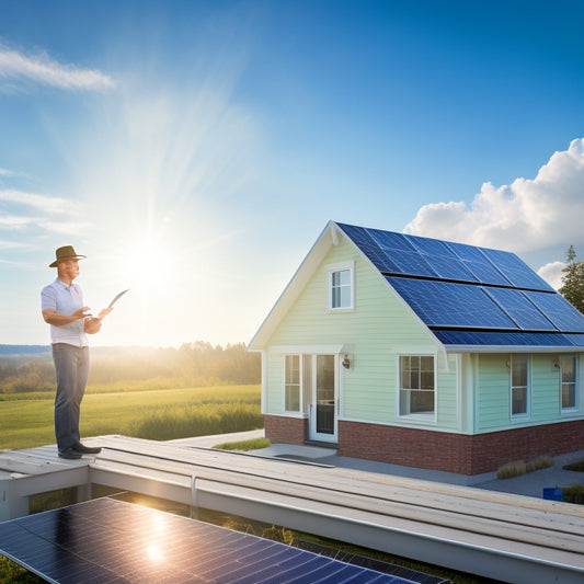 An illustration of a homeowner standing on a roof, holding a solar panel, with a checklist on a clipboard in the foreground, and a bright sunny sky with fluffy white clouds in the background.