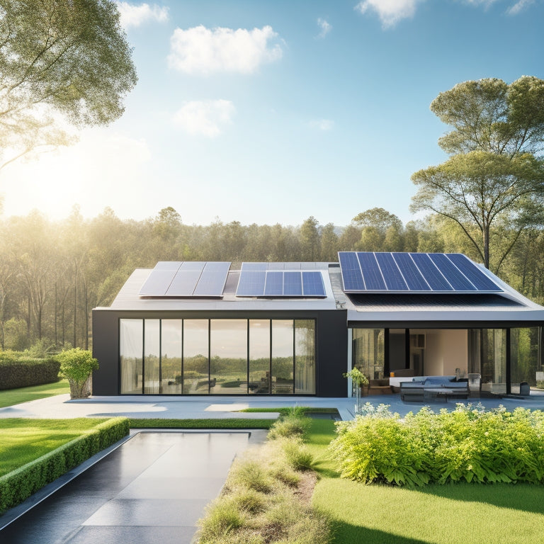 A serene landscape featuring a sleek, modern home with a rooftop array of black solar panels, surrounded by lush greenery, with a bright blue sky and fluffy white clouds in the background.