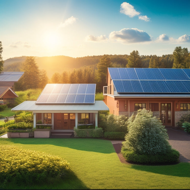 A serene background with a house and commercial building side by side, each with solar panels installed, connected by a flowing arrow to a bright sun, surrounded by greenery and a faint globe.