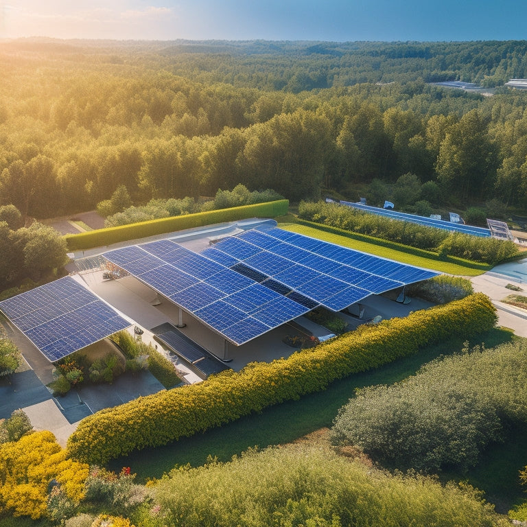 An aerial view of a modern business complex with solar panels glistening under the sun, surrounded by lush greenery and vibrant flowers, highlighting harmony between technology and nature in an eco-friendly environment.