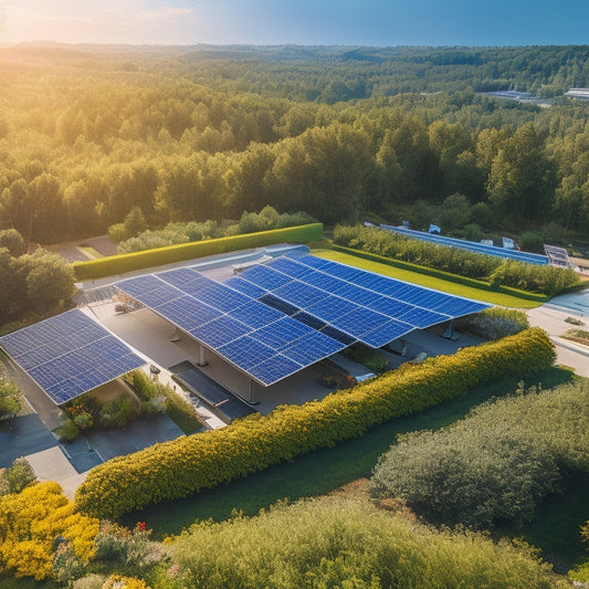 An aerial view of a modern business complex with solar panels glistening under the sun, surrounded by lush greenery and vibrant flowers, highlighting harmony between technology and nature in an eco-friendly environment.