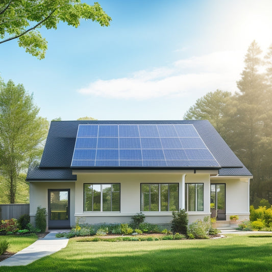 A serene suburban home with a sleek, modern solar panel roof, surrounded by lush greenery and a bright blue sky with a few wispy clouds, conveying a sense of eco-friendliness and tranquility.