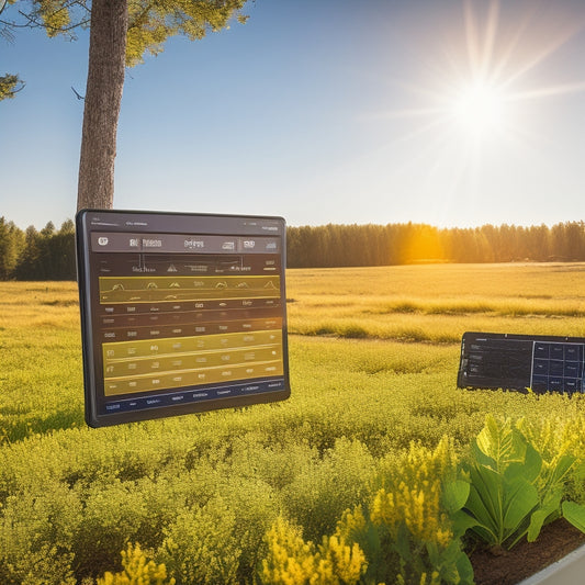 A sleek, modern dashboard displaying vibrant graphs and real-time solar energy data, alongside solar panels glistening under sunlight. Include a technician analyzing metrics on a tablet, surrounded by nature.