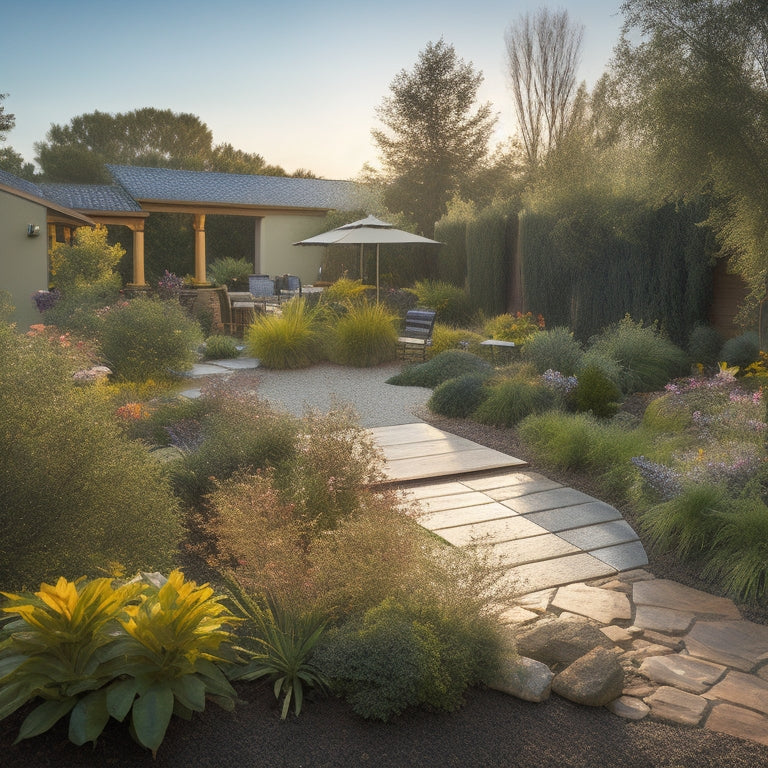A serene garden featuring native plants, solar panels, a rainwater harvesting system, windbreak trees, and a cozy outdoor seating area, bathed in warm sunlight, emphasizing harmony between nature and energy efficiency.