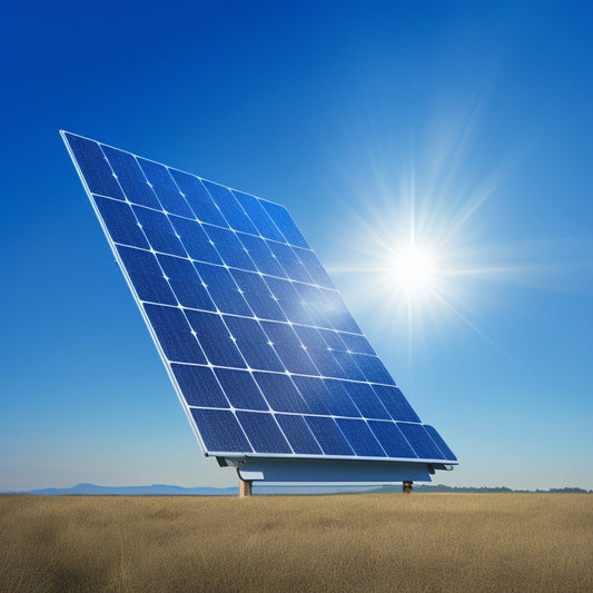 A stylized illustration featuring a solar panel with a subtle grid pattern, surrounded by a halo of light, with a faint warranty document subtly integrated into the design, set against a bright blue sky.