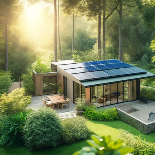 A modern home surrounded by lush greenery, featuring solar panels on the roof, a vegetable garden, and a rainwater collection system, with sunlight filtering through trees, creating a serene, eco-friendly atmosphere.