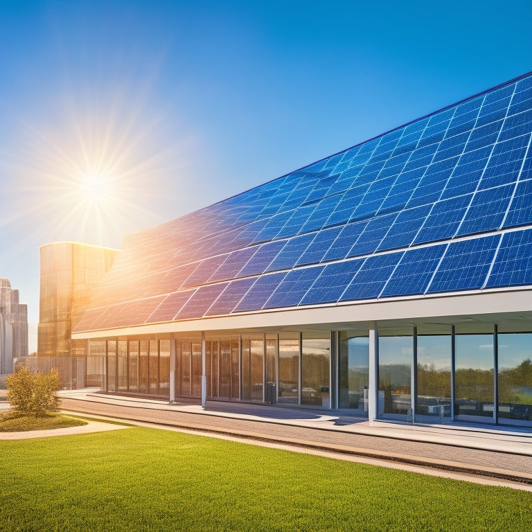 A modern office building with solar panels on the roof, a computer displaying colorful financial graphs, and the sun shining brightly in a clear blue sky.