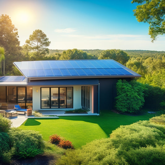 A sleek rooftop adorned with advanced solar panels under a clear blue sky, sunlight glinting off their surface, surrounded by lush greenery and a modern home, symbolizing energy efficiency and sustainability.