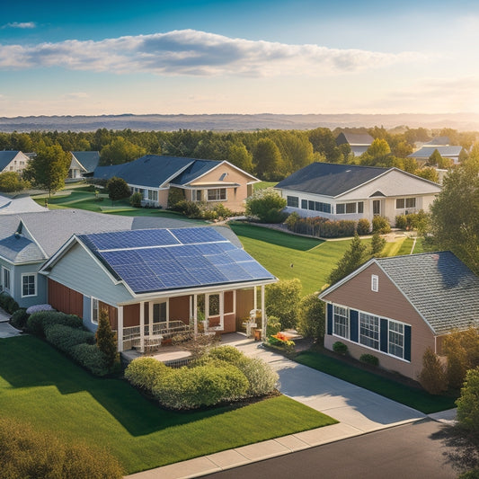 A serene suburban neighborhood with multiple homes, each featuring sleek solar panels on rooftops, varying in angle and size, amidst a bright blue sky with fluffy white clouds.