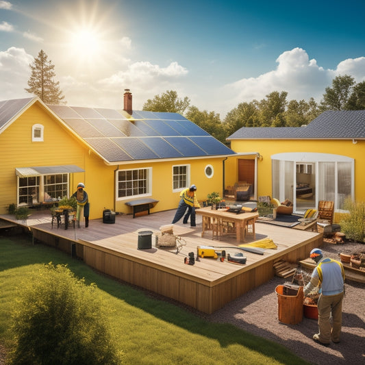 A sunny backyard with a single-story house, a technician in a yellow hard hat and vest installing solar panels on the roof, with tools and equipment scattered around.