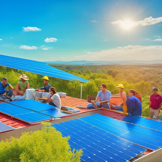 A vibrant rooftop scene showcasing a diverse group of individuals installing sleek solar panels under a bright blue sky, surrounded by lush greenery, with tools and budget materials scattered around, highlighting teamwork and resourcefulness.