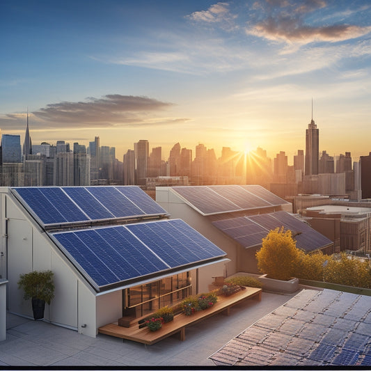 A sun-drenched rooftop with multiple solar panels of varying sizes and designs, installed at different angles, with a subtle cityscape in the background, showcasing a range of modern solar energy solutions.