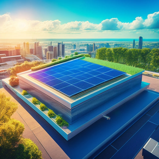 A stylized illustration of a commercial building with a vibrant green roof, adorned with sleek solar panels, surrounded by a cityscape with a bright blue sky and fluffy white clouds.