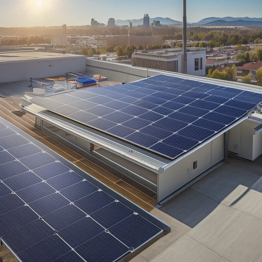 A sunny rooftop with a small, sleek solar panel array (3-5 panels) installed at a 30-degree angle, with a few maintenance tools (wrench, gloves, etc.) scattered around.